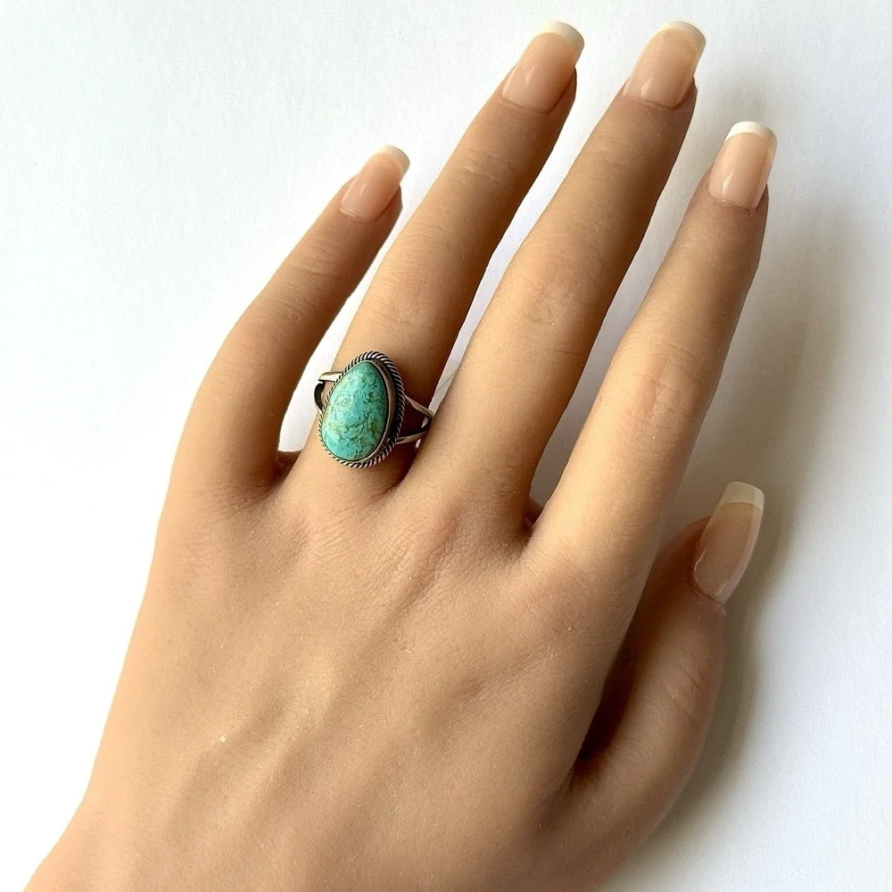 Navajo Turquoise Ring Sz 7.5 Signed Skeets Sterling‎ Native American Handmade